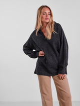 PCNOOLA LS OVERSIZE POLO KNIT BC - dark grey melange